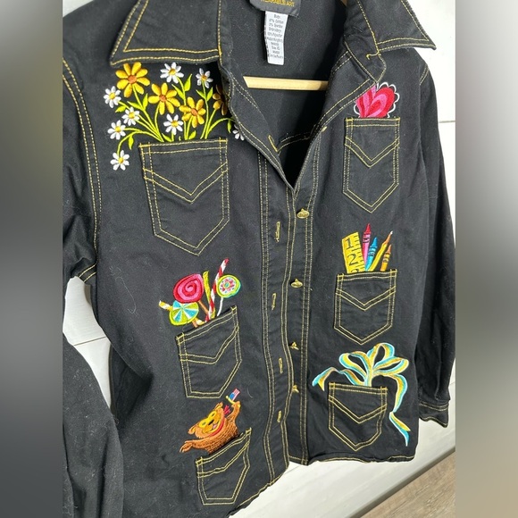Bob Mackie Wearable Art Black Embroidered Pocket Teacher Shirt Jacket XS - Picture 4 of 5